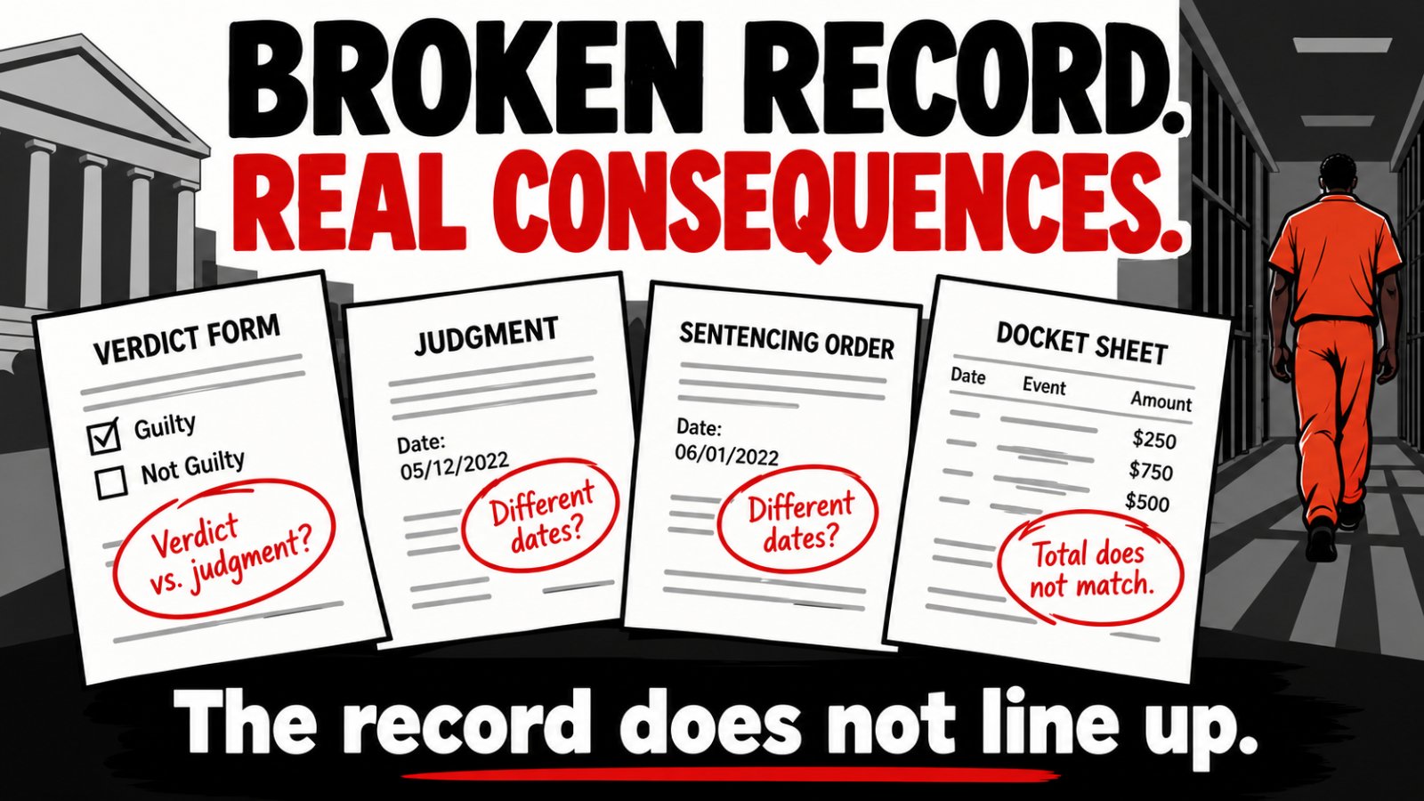 Broken record, real consequences. Verdict form, judgment, sentencing order and docket sheet with circled mismatches. The record does not line up.