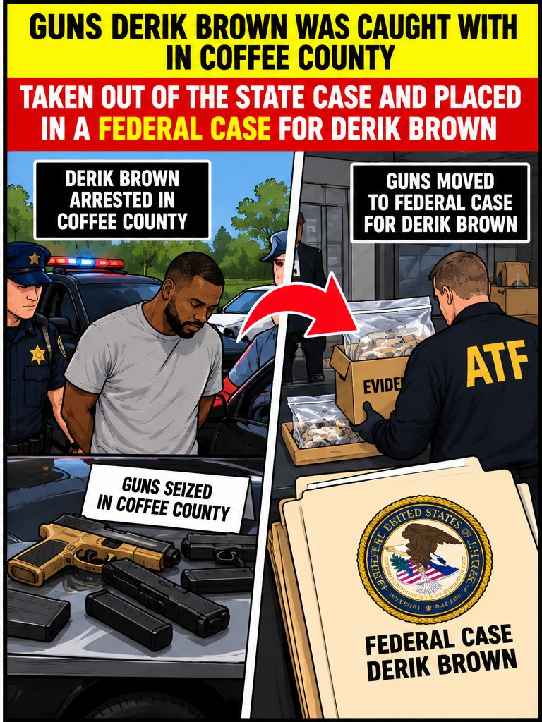 Guns Derik Brown was caught with in Coffee County, taken out of the state case and placed in a federal case for Derik Brown.