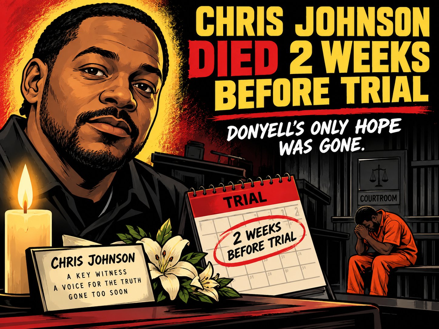 Chris Johnson died two weeks before trial. A candle, lilies and a nameplate reading: Chris Johnson, a key witness, a voice for the truth, gone too soon. A trial calendar is circled 2 weeks before trial. Donyell sits with his head in his hands. Donyell’s only hope was gone.