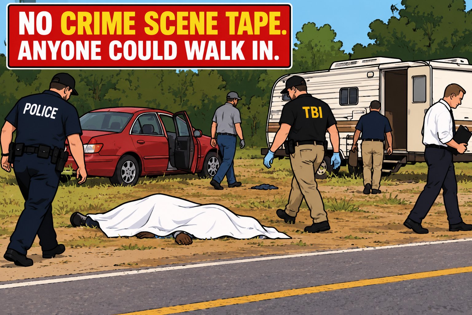 No crime scene tape, anyone could walk in. Police, TBI and others walk around a covered body beside a car with an open door and a camper.