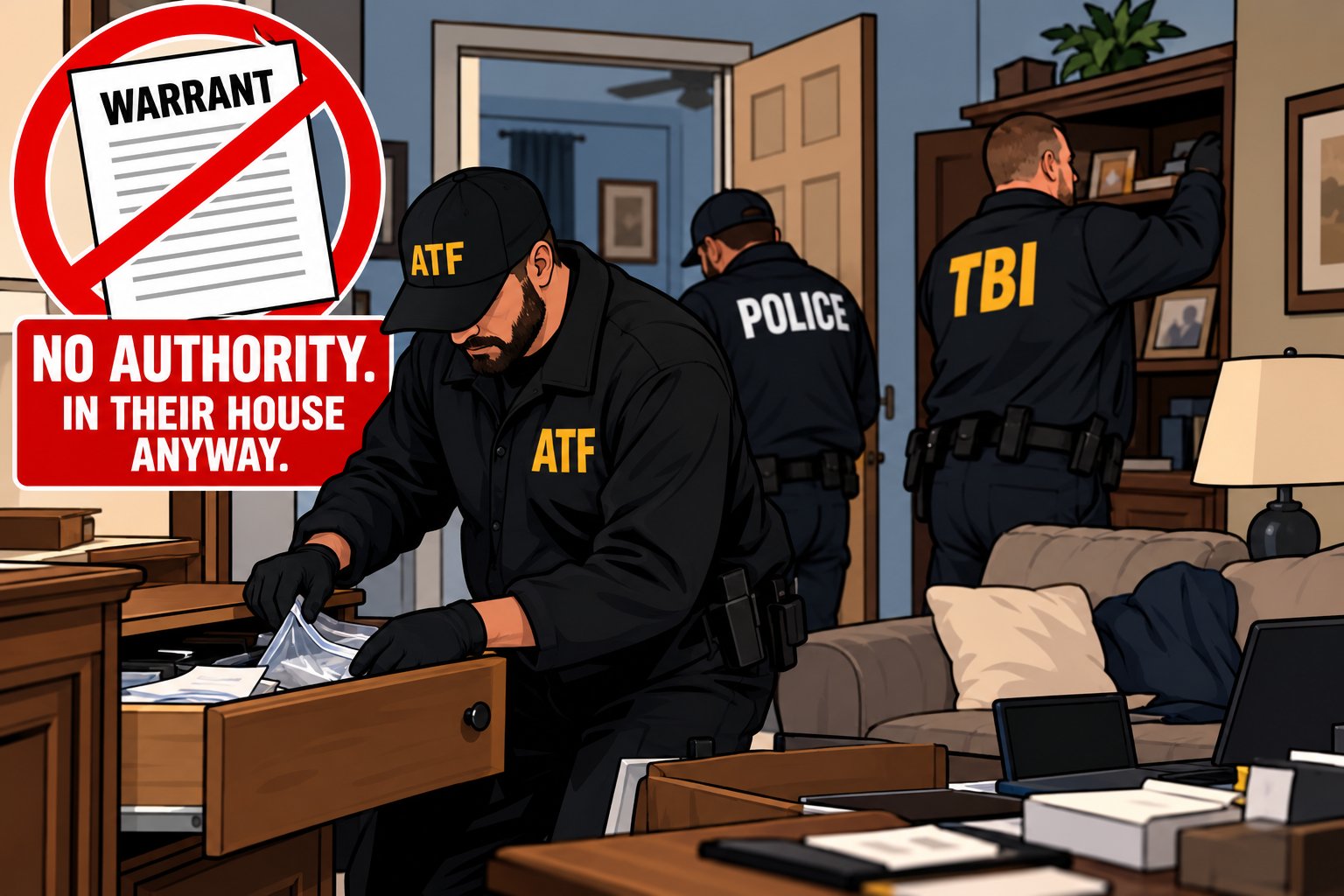 No authority, in their house anyway. ATF, police and TBI agents search drawers and shelves inside a home, with a crossed-out warrant.