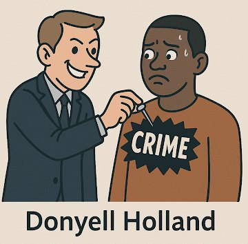 Cartoon of a smiling man in a suit pinning a sign that says CRIME on a worried Black man, captioned Donyell Holland