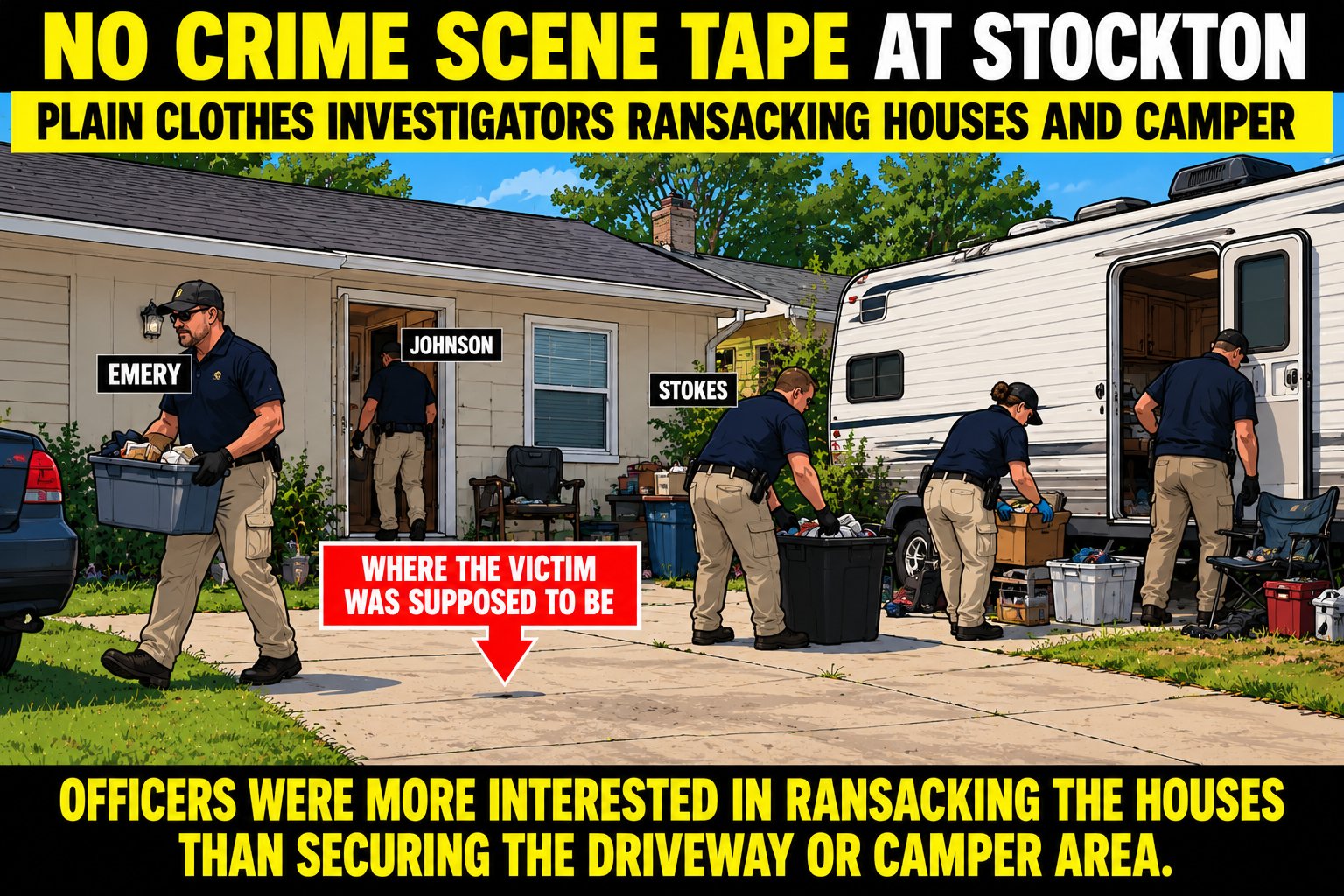 No crime scene tape at Stockton. Plain clothes investigators, labeled Emery, Johnson and Stokes, carry bins out of the houses and camper while the driveway where the victim was supposed to be is left unsecured. Officers were more interested in ransacking the houses than securing the driveway or camper area.