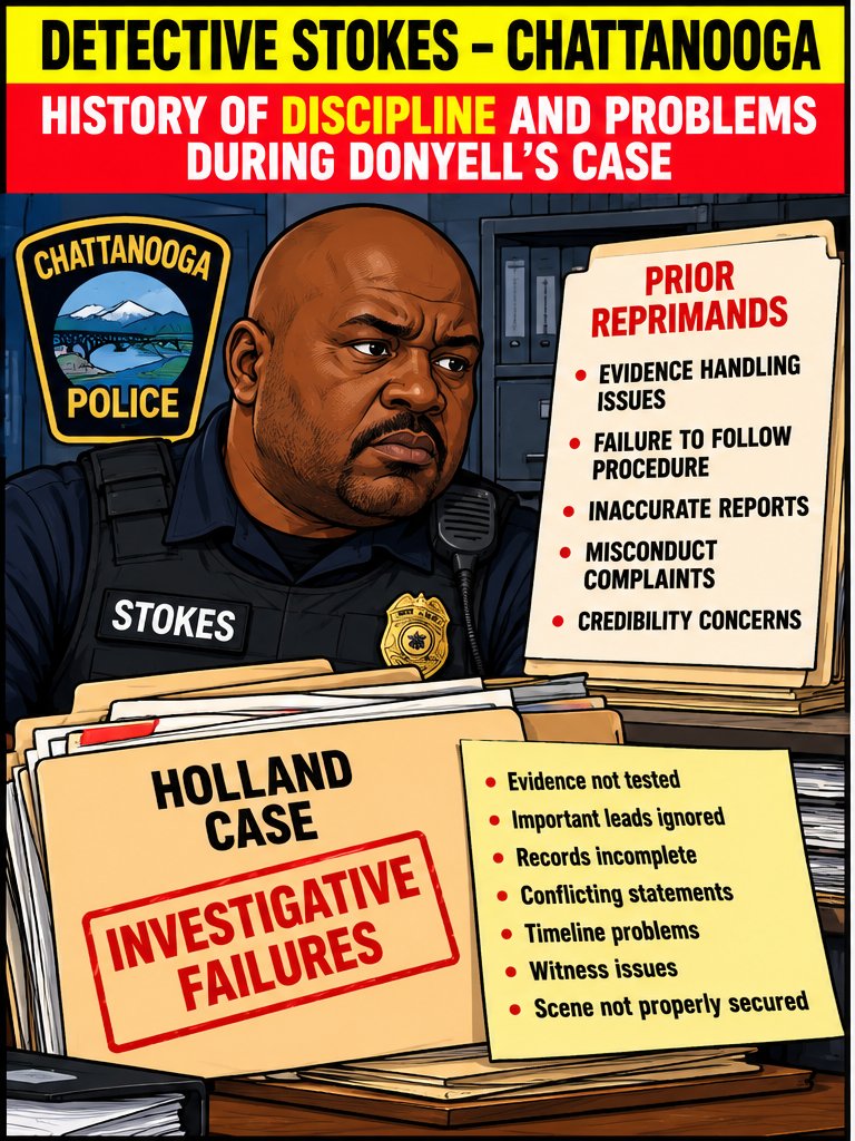 Detective Stokes, Chattanooga: history of discipline and problems during Donyell’s case. Prior reprimands and Holland case investigative failures listed.