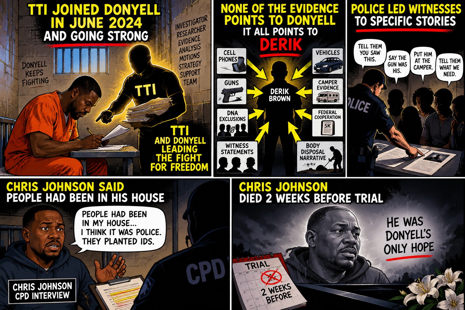 Five panels. TTI joined Donyell in June 2024 and going strong, leading the fight for freedom. None of the evidence points to Donyell, it all points to Derik: cell phones, guns, DNA exclusions, witness statements, vehicles, camper evidence, federal cooperation, body disposal narrative. Police led witnesses to specific stories. Chris Johnson said people had been in his house. Chris Johnson died 2 weeks before trial: he was Donyell’s only hope.